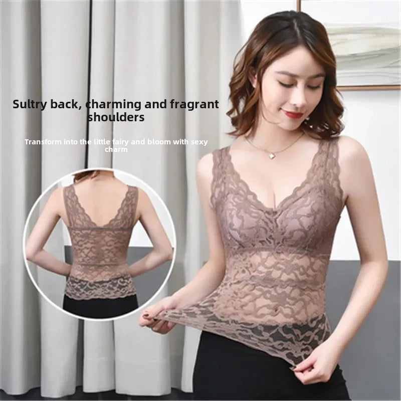 Camiseta de tirantes de encaje de talla grande para mujer, de longitud media, estilo fino de verano con almohadilla para el pecho, capa base, ropa interior exterior