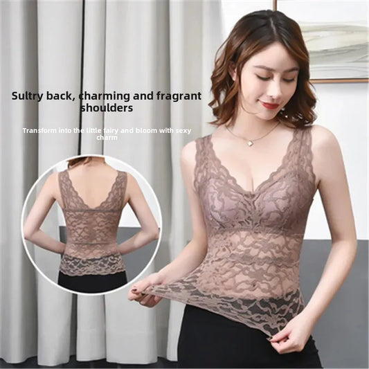 Camiseta de tirantes de encaje de talla grande para mujer, de longitud media, estilo fino de verano con almohadilla para el pecho, capa base, ropa interior exterior