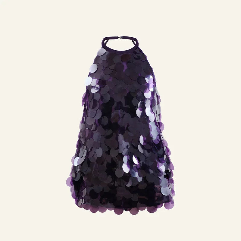 Vestido corto halter con lentejuelas y brillo para mujer, sin espalda, sin mangas, para fiestas de noche, vacaciones, cintura alta, sexy, nueva moda 2025.