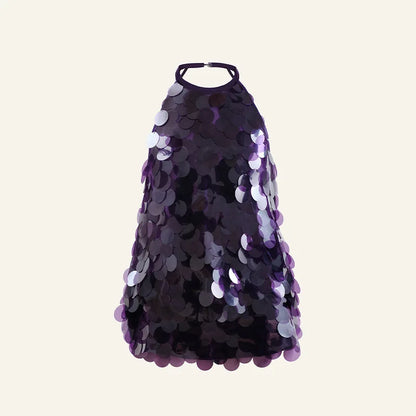 Vestido corto halter con lentejuelas y brillo para mujer, sin espalda, sin mangas, para fiestas de noche, vacaciones, cintura alta, sexy, nueva moda 2025.