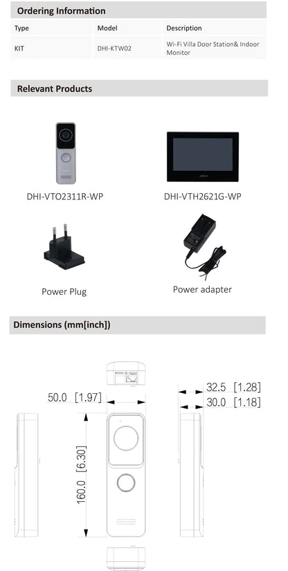 Dahua KTW02 VTO2311R-WP VTH2621G-WP Kit de videoportero con tarjeta IC PoE, WiFi, estación de puerta para villa, monitor IP para interiores, para hogar inteligente