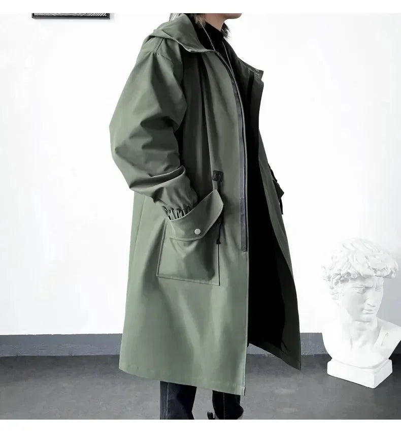 2025 Spring Autumn  Green Windbreaker Fashion Men Mid-length Casual Hooded Coat Men Daily High Street Overcoat Male Clothes