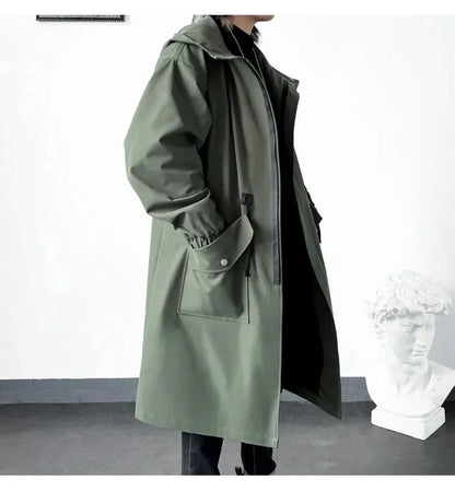 2025 Spring Autumn  Green Windbreaker Fashion Men Mid-length Casual Hooded Coat Men Daily High Street Overcoat Male Clothes