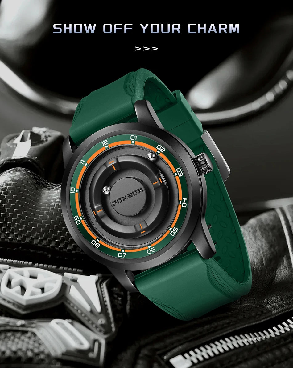 Reloj de pulsera de cuarzo para hombre FOXBOX Fashion, verde, de silicona, resistente al agua, con puntero deslizante y fuerza magnética, para deportes al aire libre.