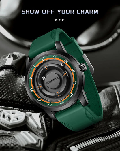 Reloj de pulsera de cuarzo para hombre FOXBOX Fashion, verde, de silicona, resistente al agua, con puntero deslizante y fuerza magnética, para deportes al aire libre.