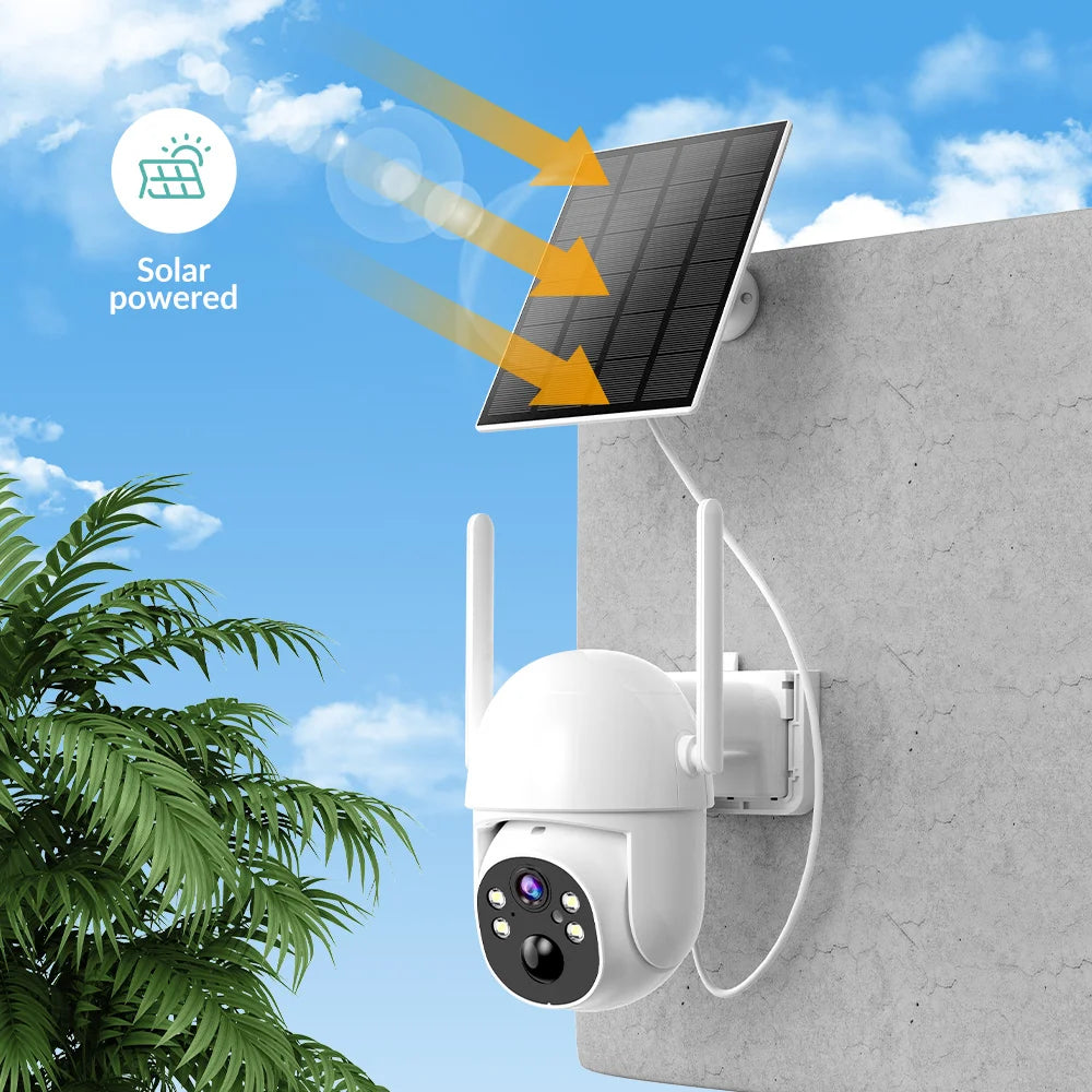 Cámara solar WiFi de 4 MP para exteriores, 2K, batería integrada, cámara de seguridad tipo domo con alimentación solar, alarma de movimiento PIR, almacenamiento en la nube y audio bidireccional.