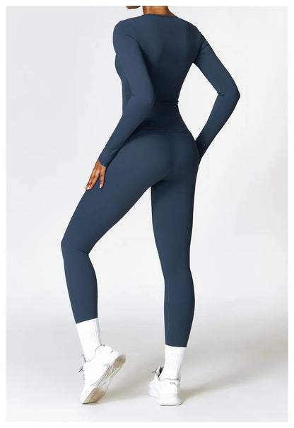 2PCS Seamless Yoga Set Women Workout Set Sportswear Gym Clothing Fitness Long Sleeve Crop Top High Waist Leggings Sports Suits