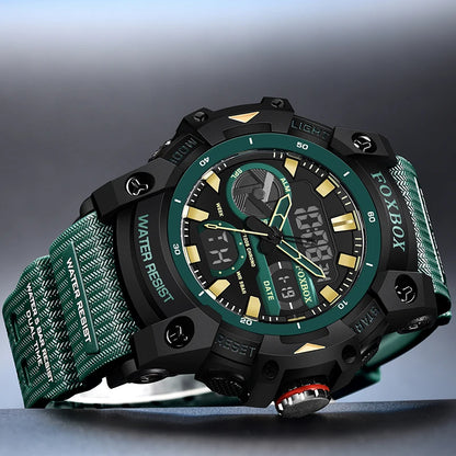 FOXBOX TOP Relojes para hombre, reloj de pulsera de cuarzo, resistente al agua, con pantalla de doble horario, reloj militar para hombre, reloj para hombre + CAJA