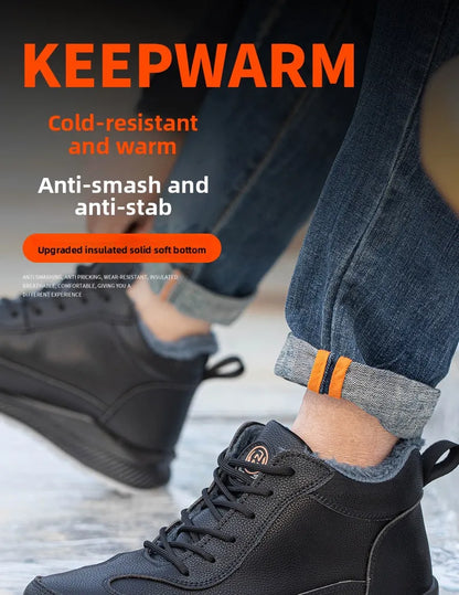 Calzado de seguridad de felpa para trabajos de invierno, resistente a impactos y perforaciones, fabricado en piel sintética de microfibra y algodón.