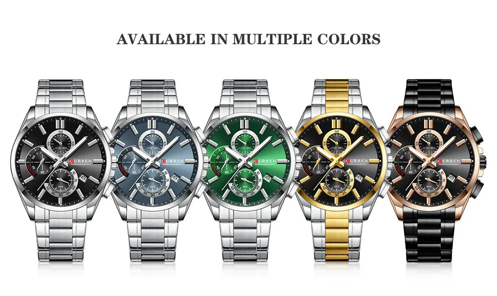 CURREN - Reloj cronógrafo de acero inoxidable para hombre con manecillas luminosas, tres subesferas, fecha automática, diseño moderno, de cuarzo