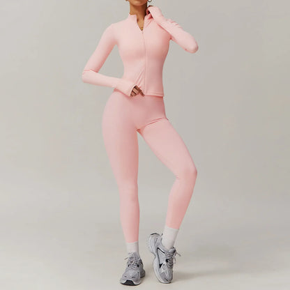 Conjunto deportivo de 2 piezas para mujer, chándal para correr, entrenamiento, con cremallera, pantalones cortos de manga larga, ropa de yoga, ropa deportiva
