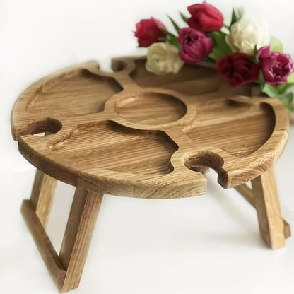 Mesa de picnic plegable de madera para exteriores 2 en 1 con portavasos de vidrio, plato de fruta redondo portátil, escritorio plegable para playa y jardín.
