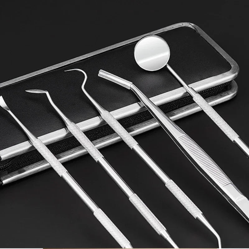 Juego de herramientas de acero inoxidable para dentistas, 4, 5 y 6 piezas, pinzas, azada, hoz, raspador, espejo, limpieza de sarro.