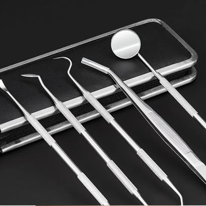 Juego de herramientas de acero inoxidable para dentistas, 4, 5 y 6 piezas, pinzas, azada, hoz, raspador, espejo, limpieza de sarro.