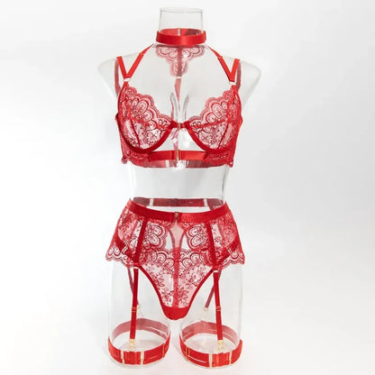 Tornova - Conjunto de ropa interior sexy con bordado de 5 piezas para mujer, de malla con retazos, transparente, con cuello halter y ligas, lencería sexy