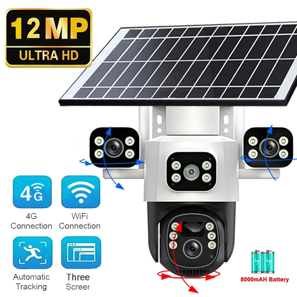 Cámara IP WiFi solar de 12 MP, CCTV con tres lentes y tres pantallas, seguimiento automático, vigilancia exterior 6K 4G, cámara PTZ, protección de seguridad