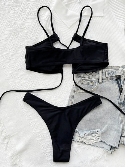 Bikini 2025 Sexy Swimwear Swimsuit Women Black Hollow Cross Straps Bikinis Set Bathing Suit Beach Bikini Female Banadores Mujer