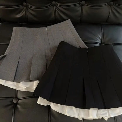 Minifalda negra con volantes Mooyufon para mujer, estilo coreano, con diseño de patchwork, plisada, estilo japonés kawaii, de cintura alta, combina con todo, estilo línea A, nueva
