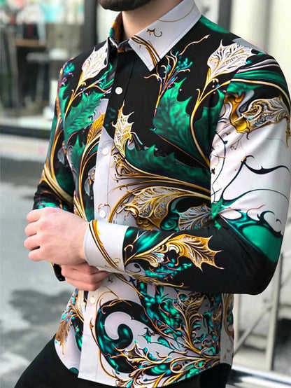 Camisa floral de manga larga para hombre, elegante y sofisticada, ideal para actividades al aire libre, negocios y eventos sociales. Corte recto con solapa y botonadura sencilla.