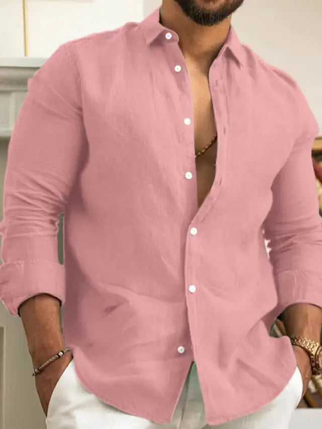 Camisa lisa de lino y algodón de color liso para hombre, camisa clásica de manga larga con solapa y botones, holgada, a la moda para primavera y verano