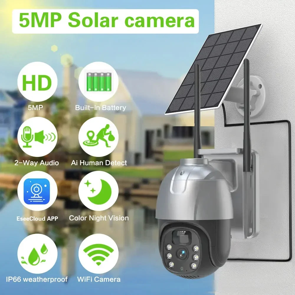 Cámara IP PTZ solar EseeCloud de 5 MP con WiFi, batería integrada, detección PIR, videovigilancia y audio bidireccional para seguridad exterior.