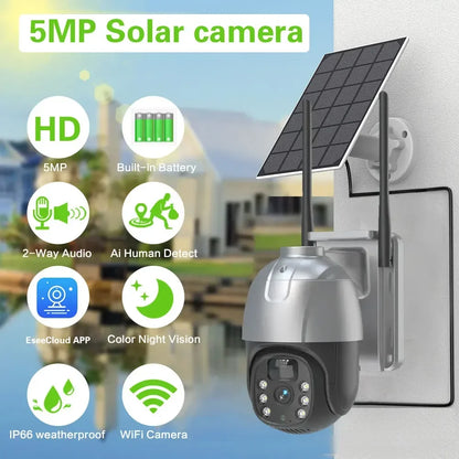 Cámara IP PTZ solar EseeCloud de 5 MP con WiFi, batería integrada, detección PIR, videovigilancia y audio bidireccional para seguridad exterior.