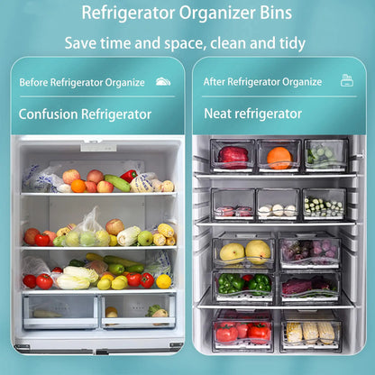 Organizador de refrigerador, contenedores apilables para refrigerador, contenedores reutilizables para almacenar alimentos, organizador de cajones para refrigerador en la cocina del hogar.