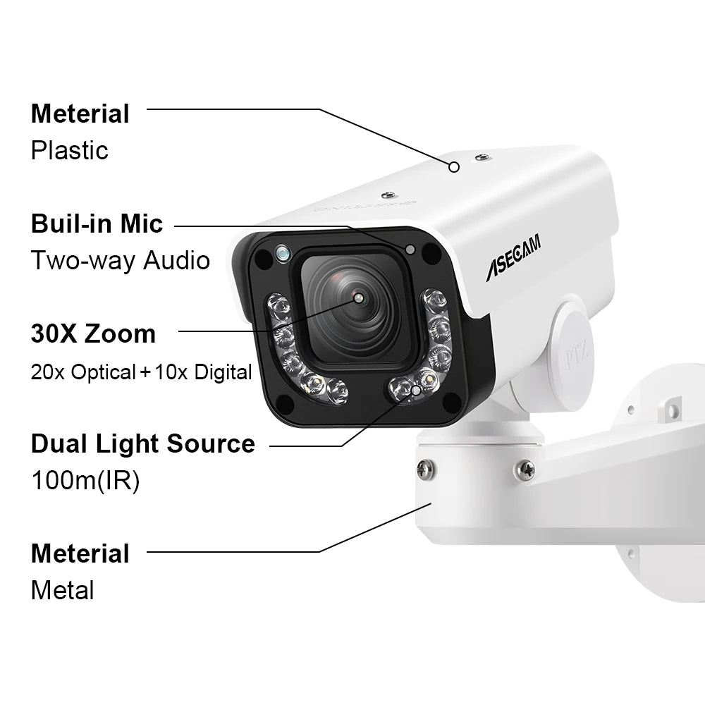 Cámara IP ASECAM 4K 8MP PTZ con zoom óptico 30X, IA, detección de vehículos, WDR, PoE, videovigilancia de seguridad CCTV, compatible con IMX415 Hikvision.