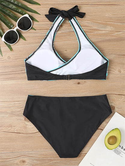 Conjunto de bikini con cuello en V 2024 para mujer, traje de baño de verano con estampado de rayas y patchwork, ropa de playa, traje de baño para mujer, talla 2XL