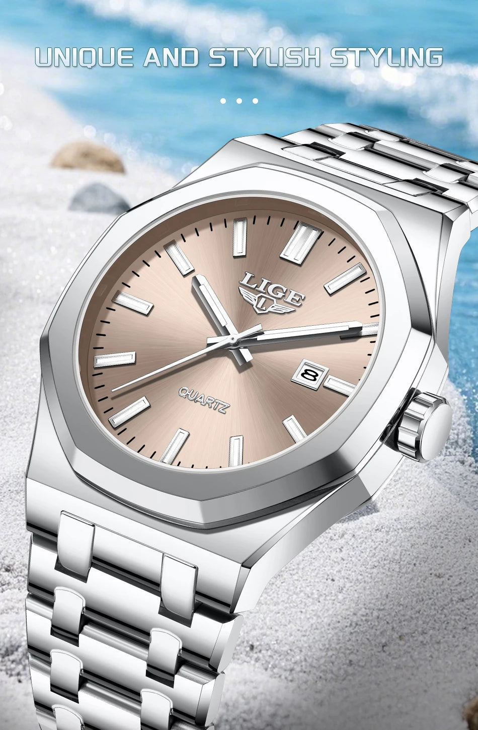 Reloj para hombre LIGE, resistente al agua, de acero inoxidable, luminoso, de negocios, de cuarzo, de moda, con calendario
