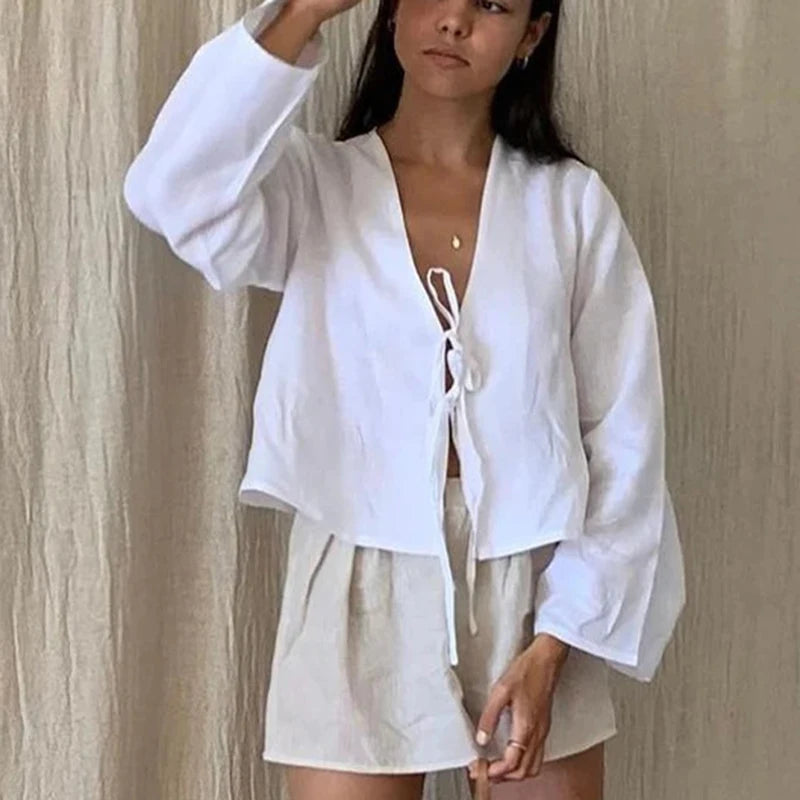 C.New S Camisas de lino y algodón con lazo y cordones para mujer, blusas holgadas de manga larga con cuello en V y aberturas para mujer, ropa de calle nueva de primavera 2024