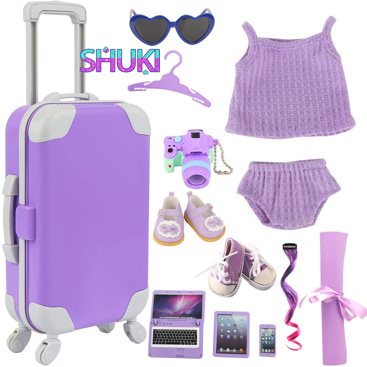 Accesorios para muñecas de color morado: equipaje, suéter, pijama, esterilla de yoga, zapatos, cámara y perchas para muñecas recién nacidas y americanas de 43 cm.