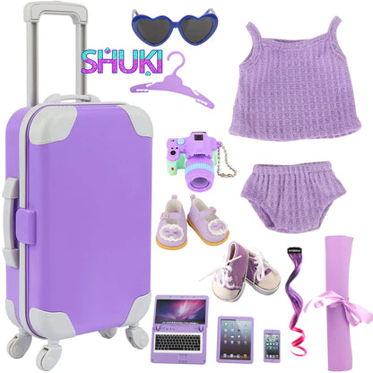 Accesorios para muñecas de color morado: equipaje, suéter, pijama, esterilla de yoga, zapatos, cámara y perchas para muñecas recién nacidas y americanas de 43 cm.