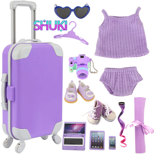 Accesorios para muñecas de color morado: equipaje, suéter, pijama, esterilla de yoga, zapatos, cámara y perchas para muñecas recién nacidas y americanas de 43 cm.