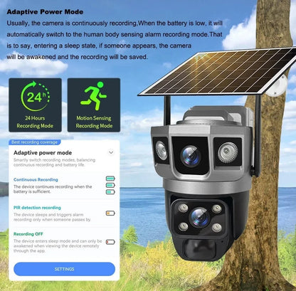 Cámara solar de 12 MP, tarjeta SIM 4G, doble lente, tres cámaras con pantalla, seguimiento humano PIR, batería de bajo consumo, protección de seguridad CCTV V380