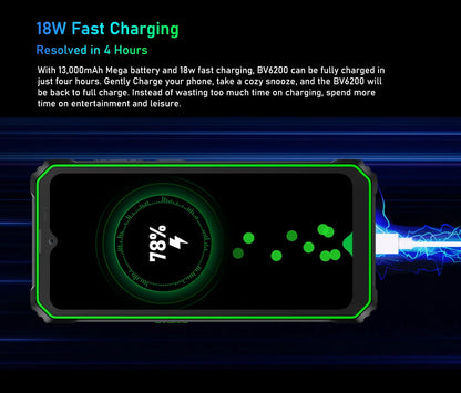 Teléfono resistente Blackview BV6200 con pantalla IPS HD+ de 6,56 pulgadas, batería de 13000 mAh, 8 GB (4+4) de RAM, 64 GB de almacenamiento, cámara de 13 MP, GPS, Android 13 y certificación IP68/IP69K.
