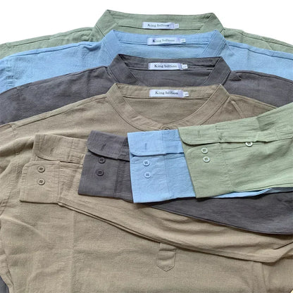 Camisa de lino 100 % algodón de manga larga con bordado de alta calidad para hombre, nueva camiseta informal holgada de negocios para otoño