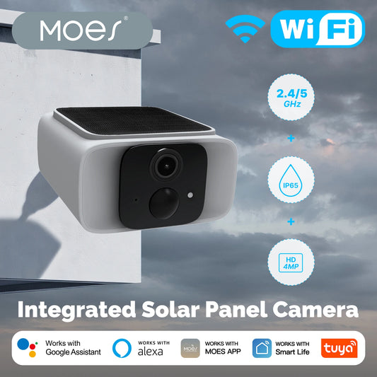 Cámara de seguridad solar inteligente MOES, WiFi de doble banda 2.4/5 GHz, resistente al agua IP65, monitoreo mediante aplicación (Alexa/Google Home), Tuya