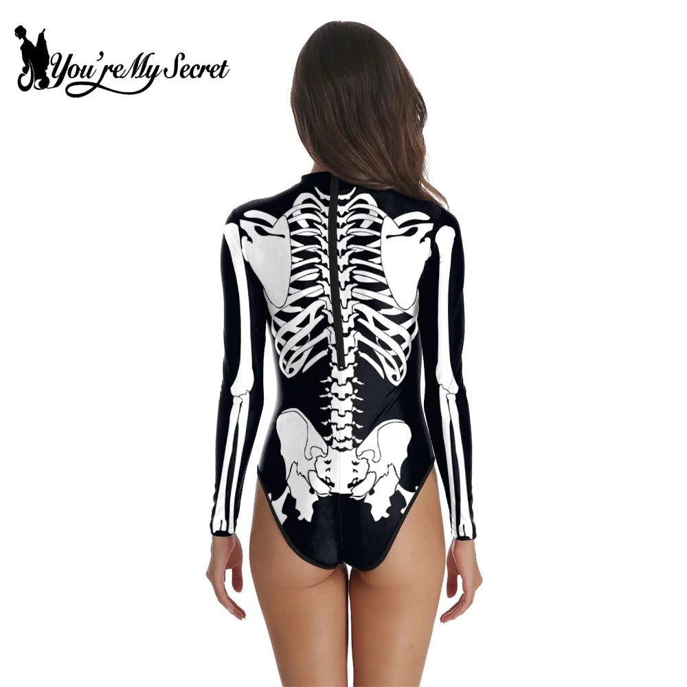 [You're My Secret] Halloween Costume Cosplay Skeleton Print Zenti Bodysuits Carnival Party Jumpsuit Outfit Women Day of The Dead