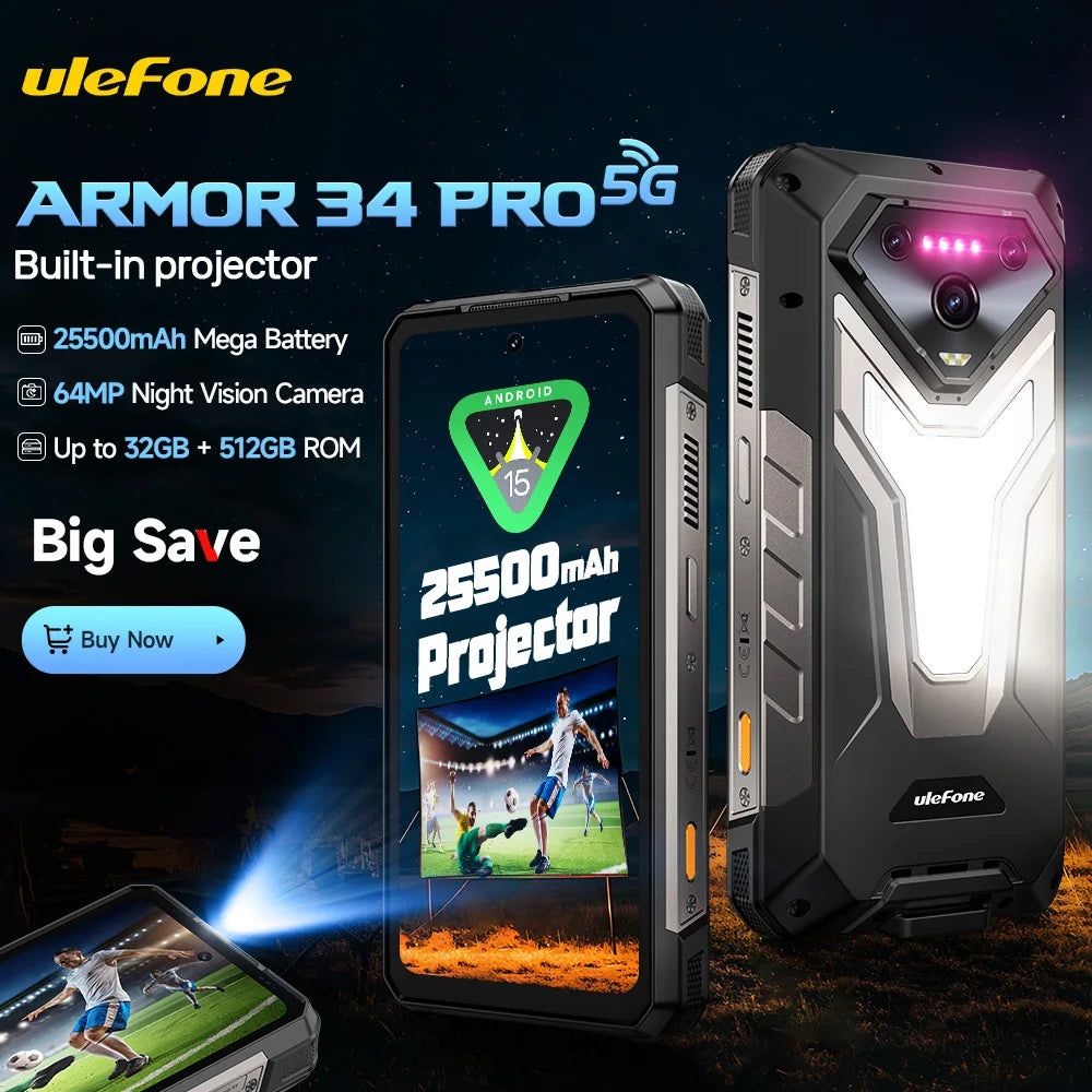 【Estreno mundial】Ulefone Armor 34 Pro 5G, teléfono resistente con IA, batería de 25500 mAh, hasta 32 GB + 512 GB, proyector integrado, pantalla de 6,95" a 120 Hz, NFC.