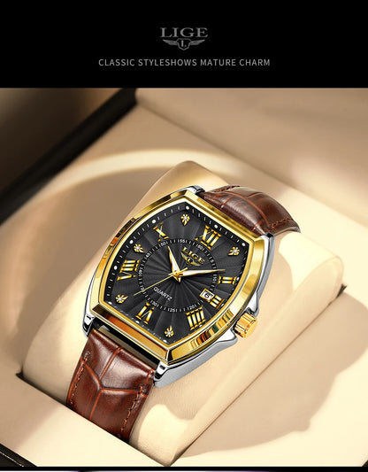 LIGE - Nuevos relojes militares para hombre, marca original de lujo, de cuero, de cuarzo, cronógrafo cuadrado resistente al agua