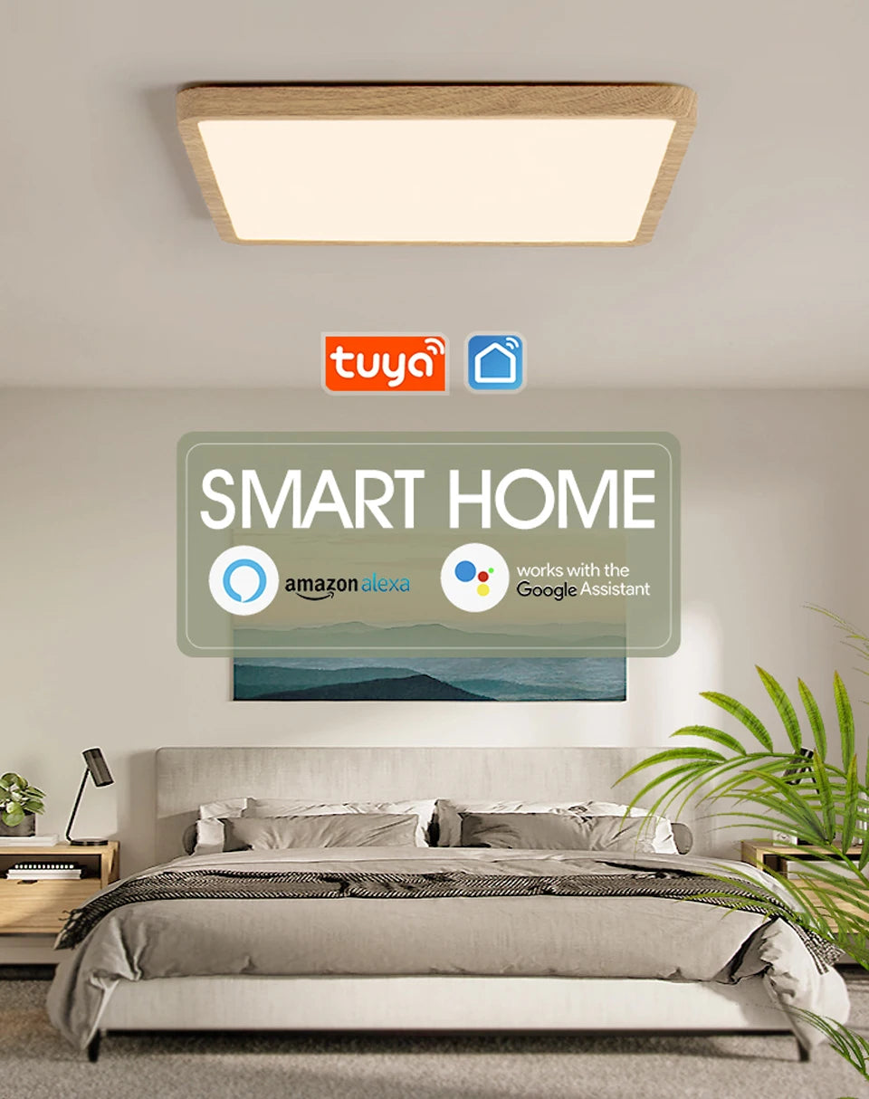 Lámpara de techo LED inteligente MARPOU Tuya con diseño de madera, control por voz mediante aplicación Alexa/Google y mando a distancia. Lámpara de techo cuadrada para salón.