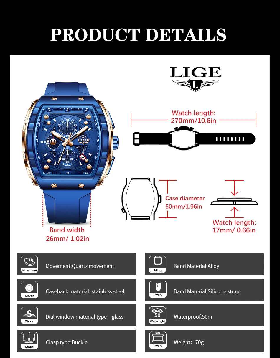 Relojes LIGE de primera marca para hombre, reloj de pulsera de cuarzo cuadrado de lujo, reloj cronógrafo luminoso resistente al agua para hombre, reloj con fecha