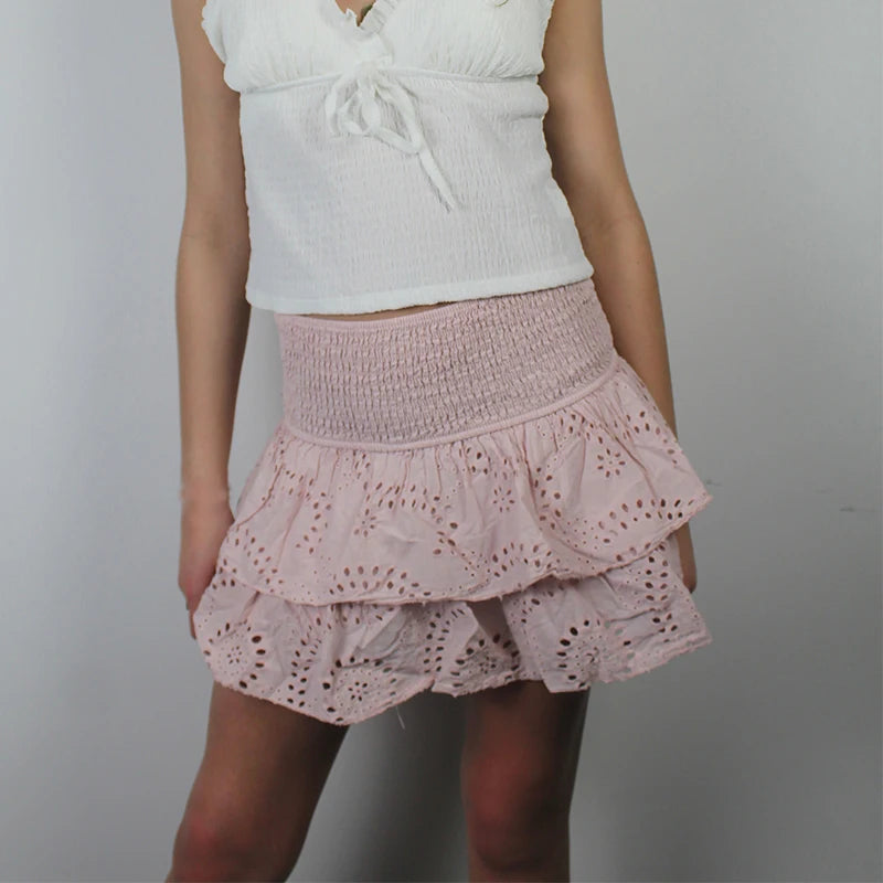 Minifaldas plisadas con capas y volantes estilo Y2K para mujer, estilo bohemio playero, estilo kawaii, con fruncido en forma de A, para adolescentes