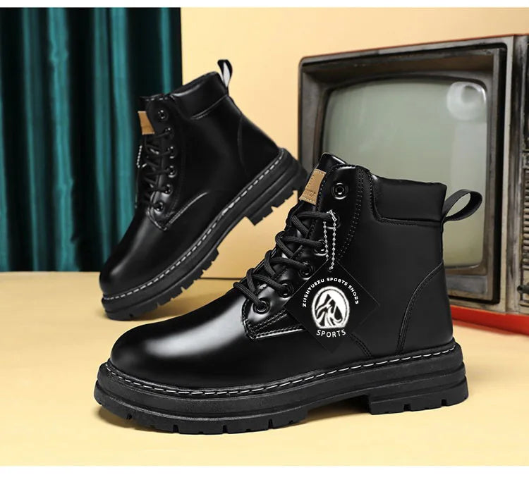 Botas altas de piel para hombre, zapatos de moda para motociclista, botines de invierno con cordones, botas vaqueras.