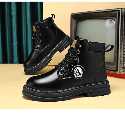 Botas altas de piel para hombre, zapatos de moda para motociclista, botines de invierno con cordones, botas vaqueras.