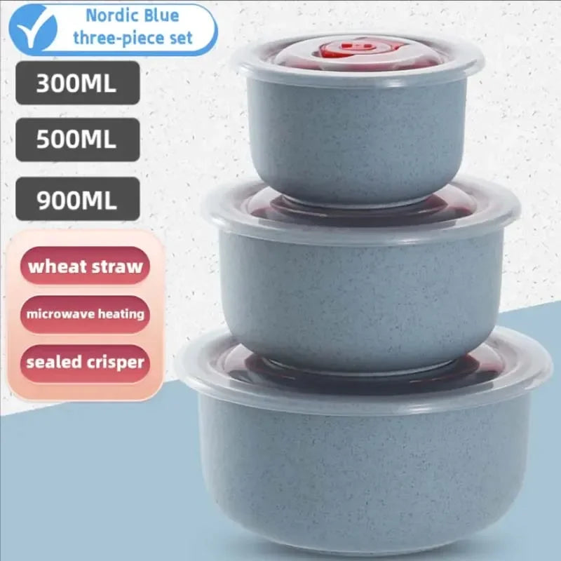 Juego de 3 loncheras redondas de trigo con tapa, aptas para microondas, recipientes sellados, caja de almacenamiento para utensilios de cocina.