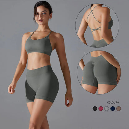 Conjunto deportivo de yoga, mallas de gimnasio de secado rápido, tirantes cruzados con absorción de impactos, pantalones cortos de ciclismo para mujer, entrenamiento de yoga.
