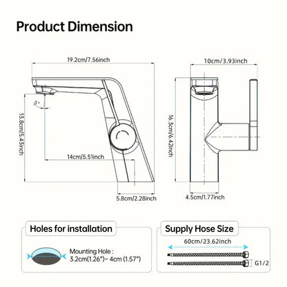Grifo de baño moderno con pantalla digital de temperatura: interfaz táctil, sin pilas, interruptor Celsius/Fahrenheit.