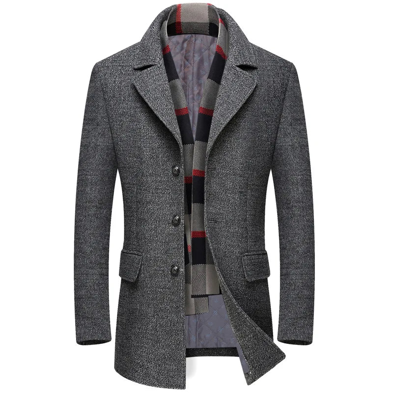 Abrigo de lana grueso con cuello tipo bufanda para hombre, ideal para otoño/invierno. Chaqueta de lana de alta calidad, estilo moderno y corte medio.